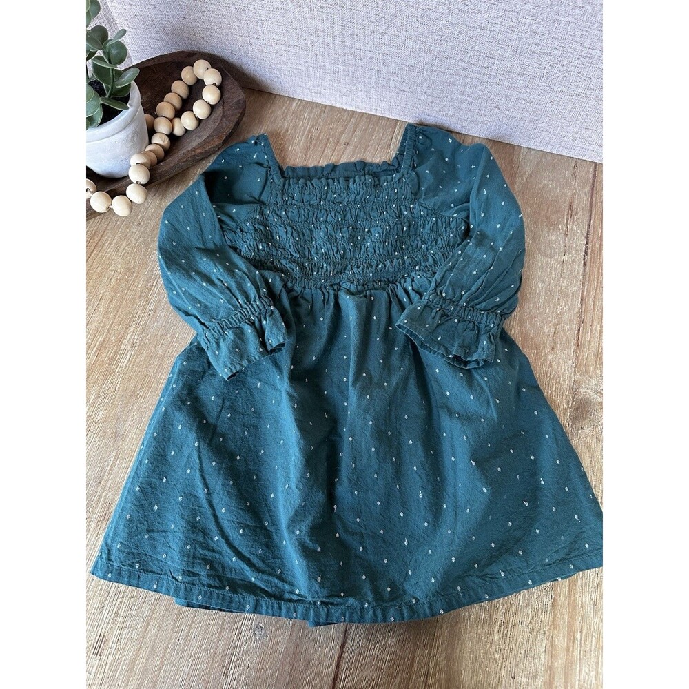Baby Gap 3T Emerald Green Smocked Long Sleeve Metallic Dot Dress Holiday Fall